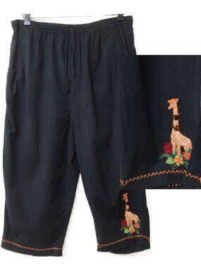 Vintage 90s Lemon Grass Women's XL Linen Blend Giraffe Capri Embroidered Pants‎